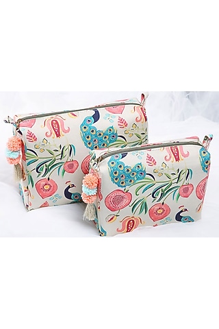 Khaki Anaar & Mor Printed Pouches by PS Pret by Payal Singhal