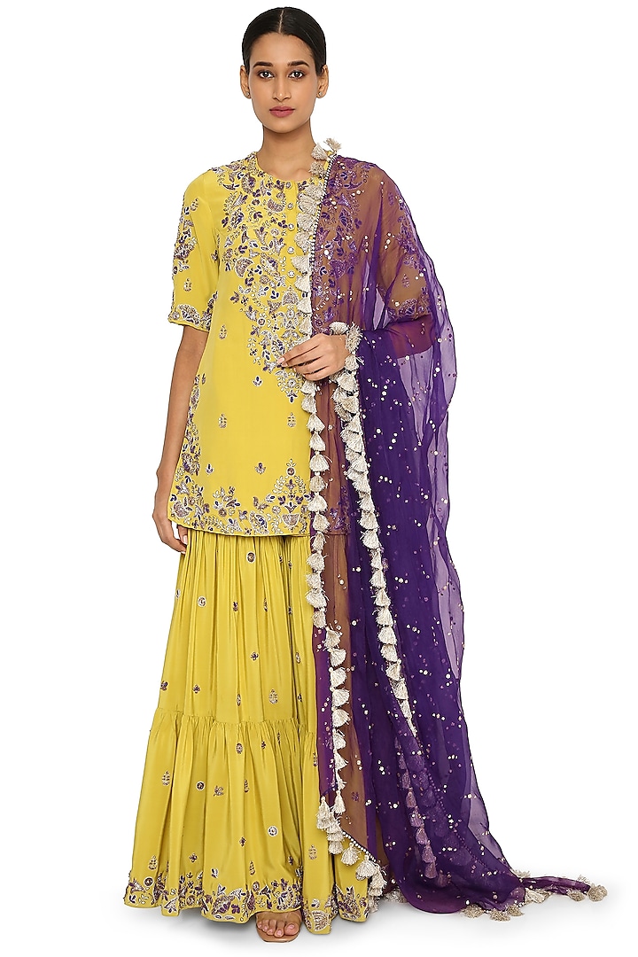 Lime Embroidered Bridal Sharara Set by Payal Singhal at Pernia's Pop Up Shop