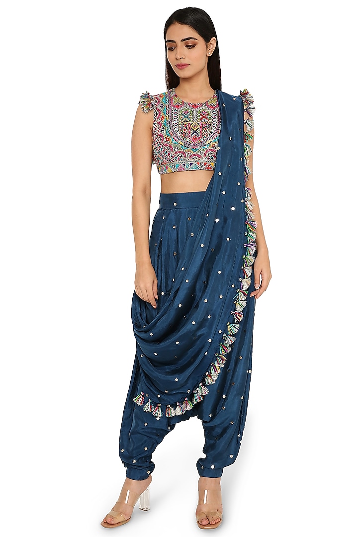 Midnight Blue Mukaish Silk Embroidered Dhoti Saree Set by Payal Singhal