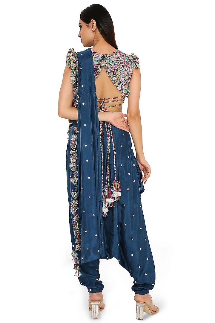 Midnight Blue Mukaish Silk Embroidered Dhoti Wedding Saree Set by Payal Singhal at Pernia's Pop Up Shop