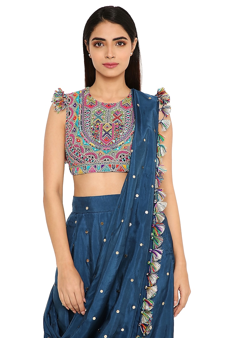 Midnight Blue Mukaish Silk Embroidered Dhoti Wedding Saree Set by Payal Singhal at Pernia's Pop Up Shop
