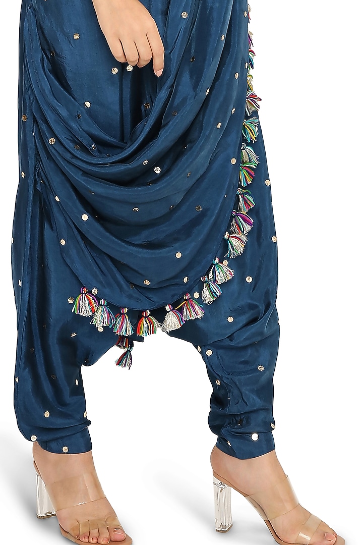 Midnight Blue Mukaish Silk Embroidered Dhoti Wedding Saree Set by Payal Singhal at Pernia's Pop Up Shop