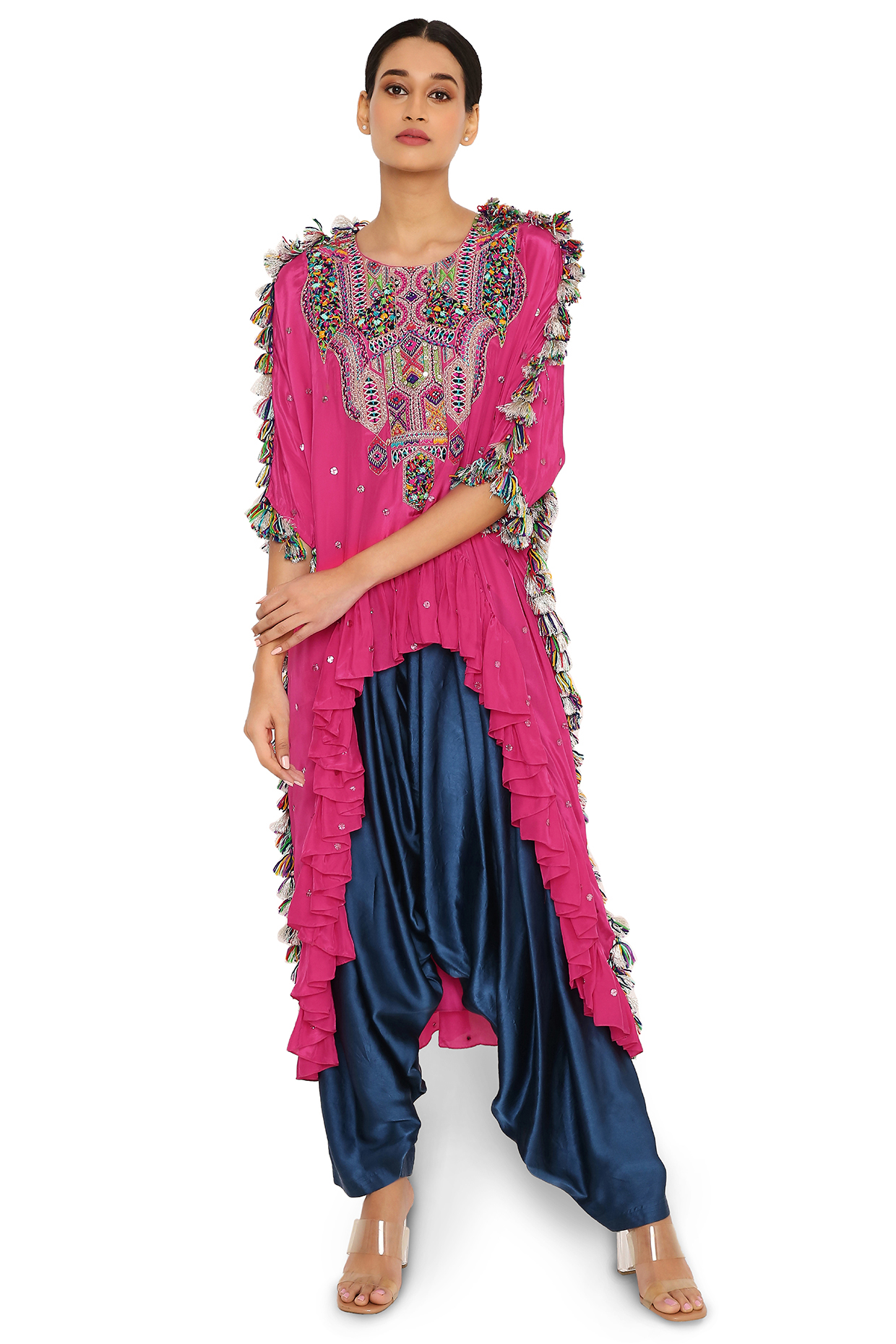Hot Pink Embroidered High-Low Kaftan Set by Payal Singhal at Pernia's Pop Up Shop