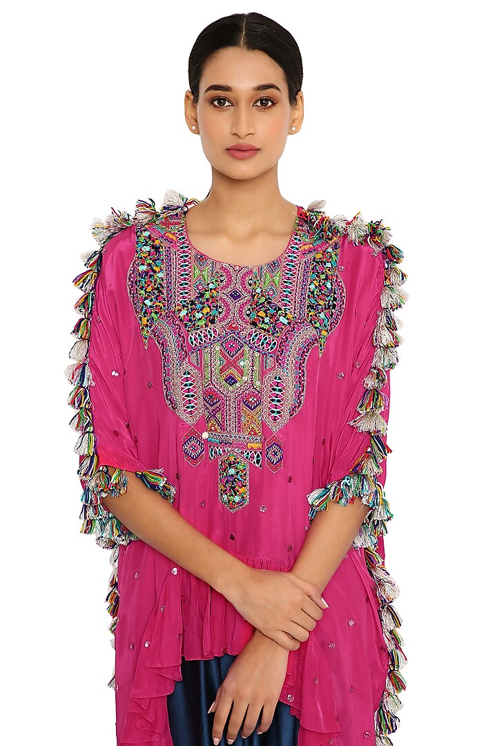 Hot Pink Embroidered High-Low Kaftan Set by Payal Singhal at Pernia's Pop Up Shop
