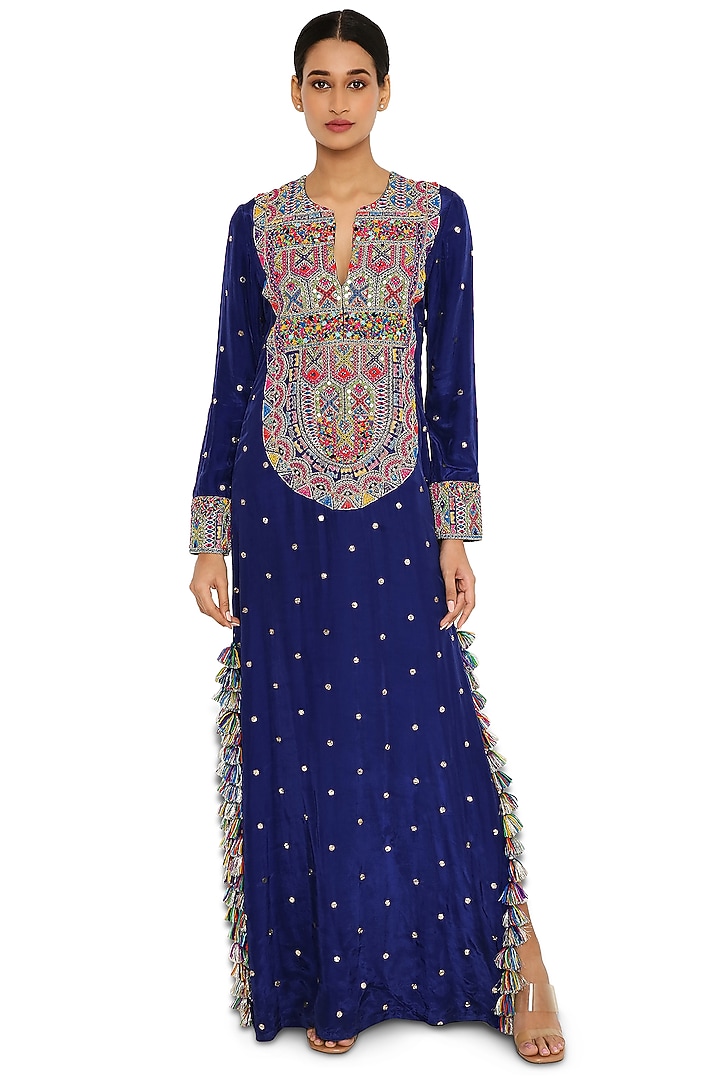 Midnight Blue Embroidered Kaftan by Payal Singhal at Pernia's Pop Up Shop