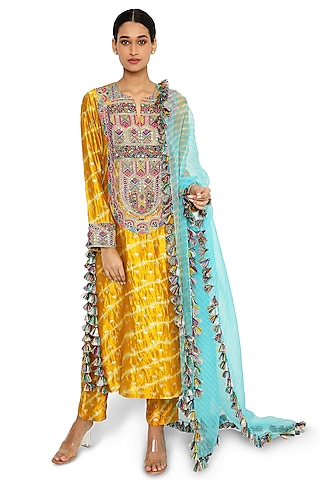 Mustard Printed & Embroidered Kurta Set by Payal Singhal
