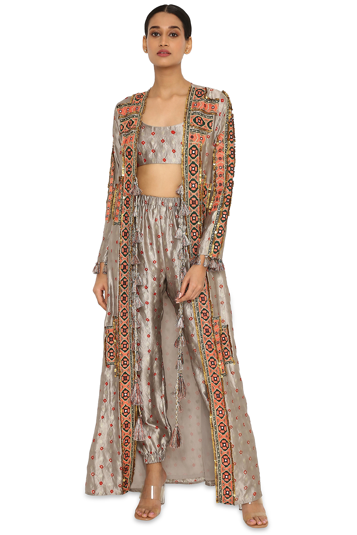 Grey Embroidered Long Jacket Set by Payal Singhal at Pernia's Pop Up Shop