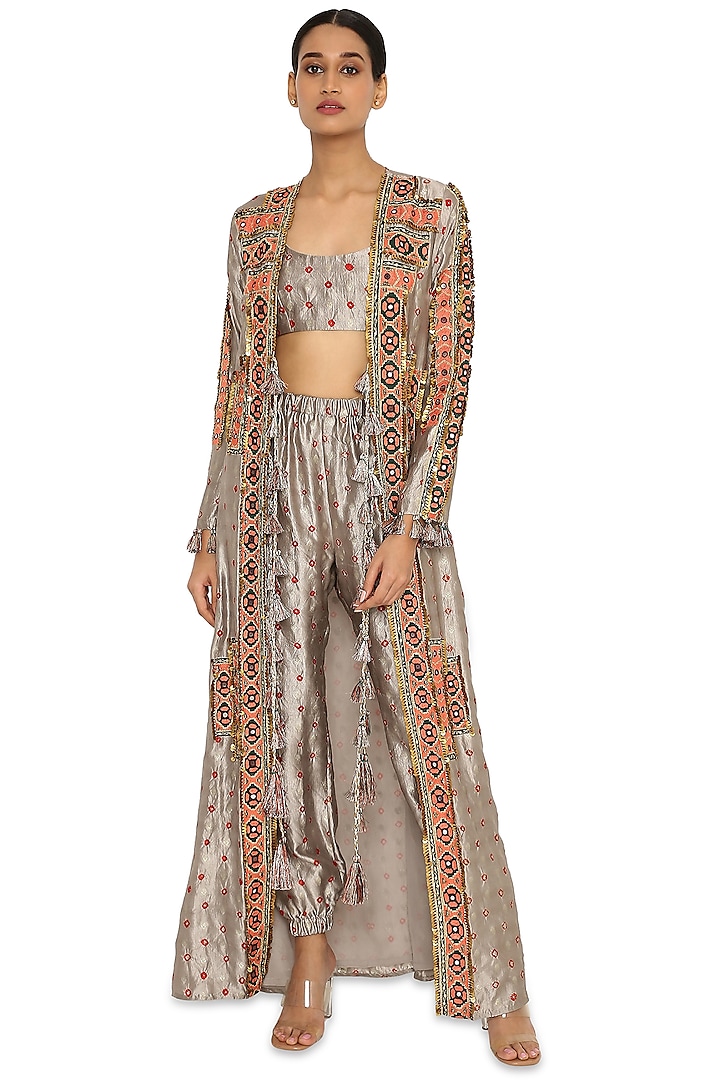 Grey Embroidered Long Jacket Set by Payal Singhal at Pernia's Pop Up Shop