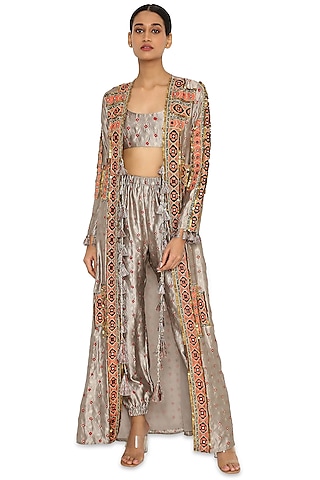 Grey Embroidered Long Jacket Set by Payal Singhal