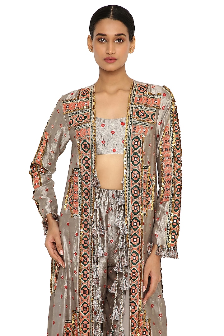Grey Embroidered Long Jacket Set by Payal Singhal at Pernia's Pop Up Shop