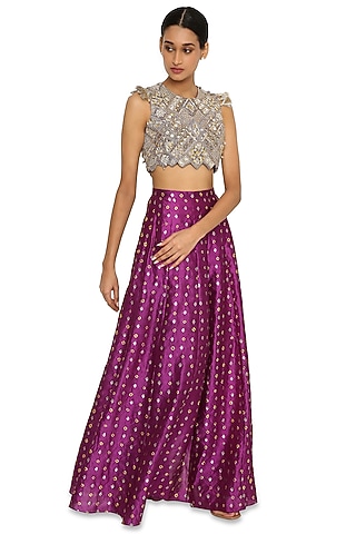 Purple Bandhani Silk Skirt Set by Payal Singhal