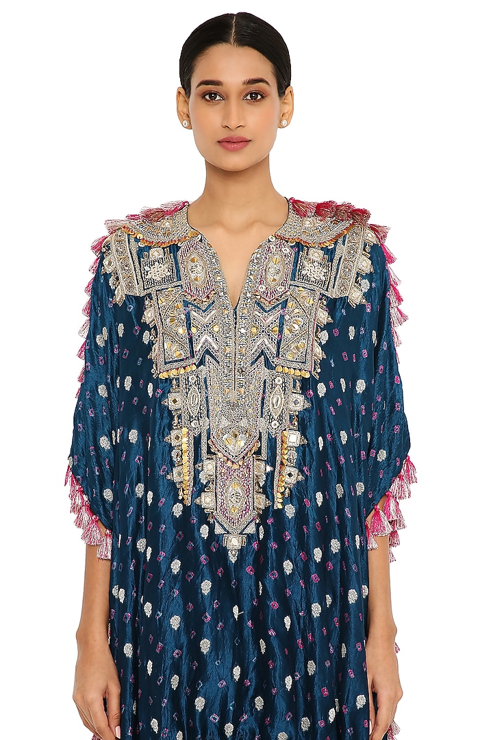 Midnight Blue Embroidered High-Low Kaftan Set by Payal Singhal at Pernia's Pop Up Shop