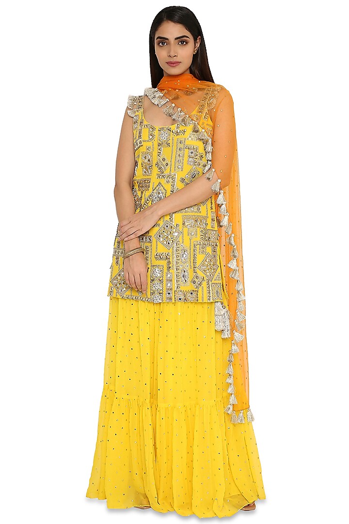 Dandelion Yellow Mukaish Georgette Sharara Set by Payal Singhal