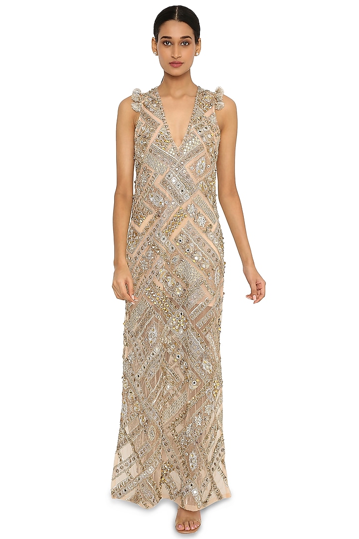 Beige Embroidered Wedding Gown by Payal Singhal at Pernia's Pop Up Shop