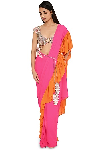 Hot Pink & Orange Georgette Frilled Pre-Stitched Wedding Saree Set by Payal Singhal at Pernia's Pop Up Shop