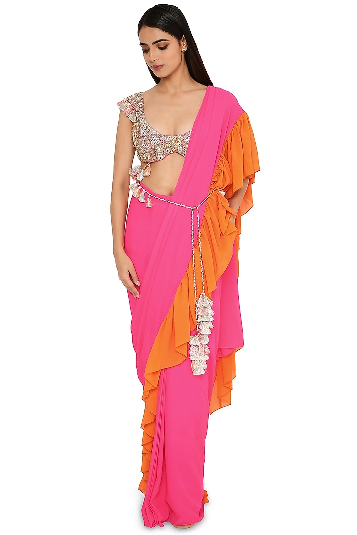 Hot Pink & Orange Georgette Frilled Pre-Stitched Wedding Saree Set by Payal Singhal at Pernia's Pop Up Shop