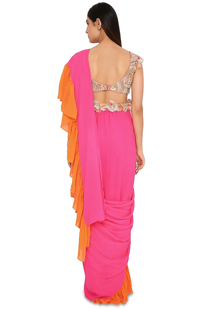 Hot Pink & Orange Georgette Frilled Pre-Stitched Wedding Saree Set by Payal Singhal at Pernia's Pop Up Shop