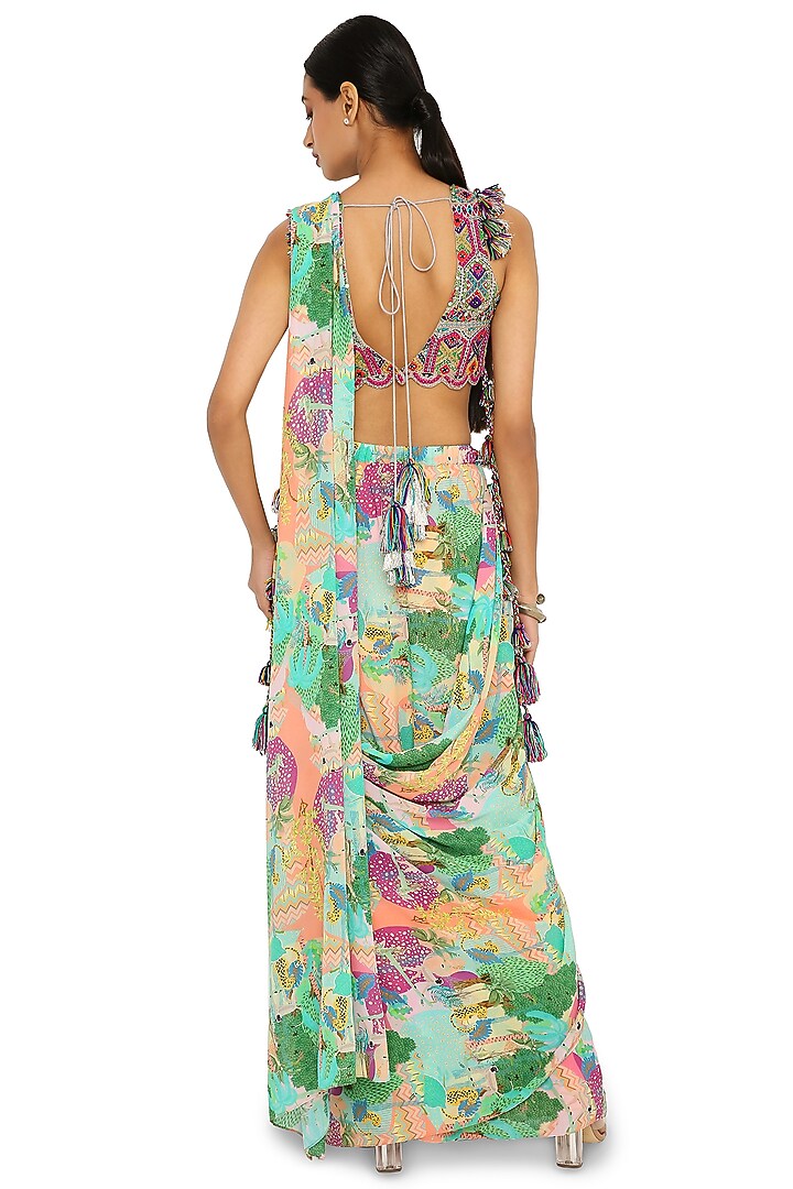 Multi-Colored Georgette Block Printed Pre-Stitched Wedding Saree Set by Payal Singhal at Pernia's Pop Up Shop