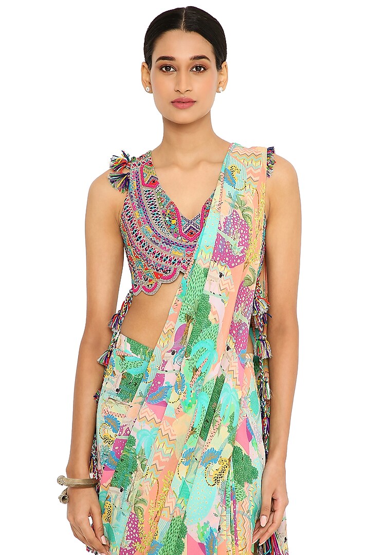 Multi-Colored Georgette Block Printed Pre-Stitched Wedding Saree Set by Payal Singhal at Pernia's Pop Up Shop