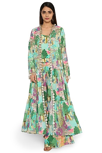 Multi-Colored Printed & Embroidered Frilled Jacket Set by Payal Singhal at Pernia's Pop Up Shop