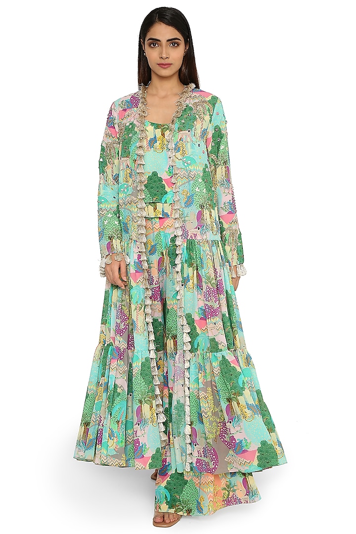 Multi-Colored Printed & Embroidered Frilled Jacket Set by Payal Singhal