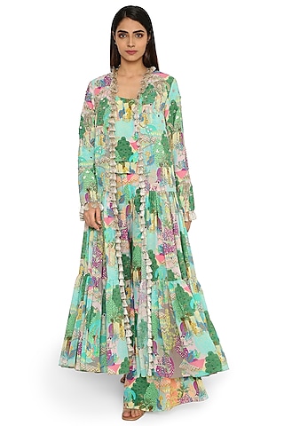 Multi-Colored Printed & Embroidered Frilled Jacket Set by Payal Singhal