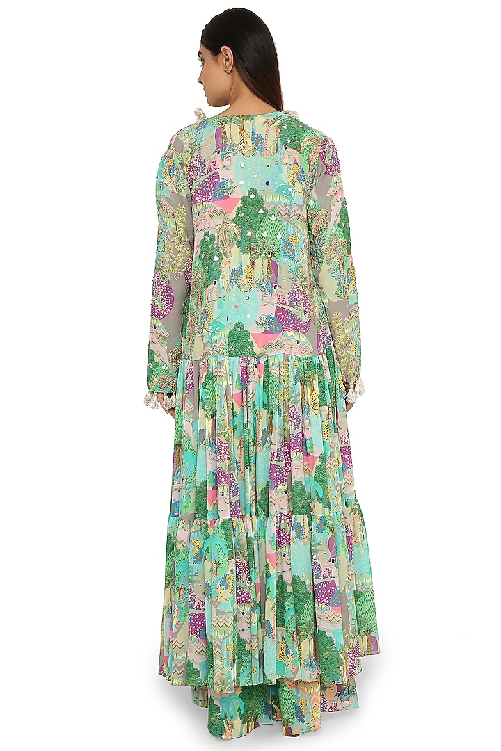 Multi-Colored Printed & Embroidered Frilled Jacket Set by Payal Singhal at Pernia's Pop Up Shop