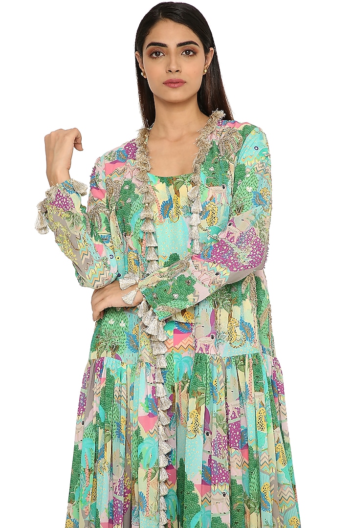 Multi-Colored Printed & Embroidered Frilled Jacket Set by Payal Singhal at Pernia's Pop Up Shop