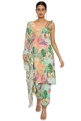 Peach Printed & Embroidered Kaftan Set by Payal Singhal