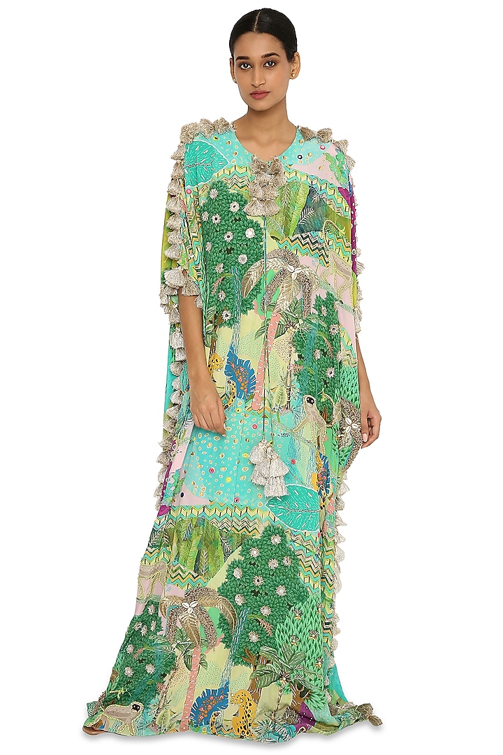 Green Printed & Embroidered Kaftan by Payal Singhal at Pernia's Pop Up Shop