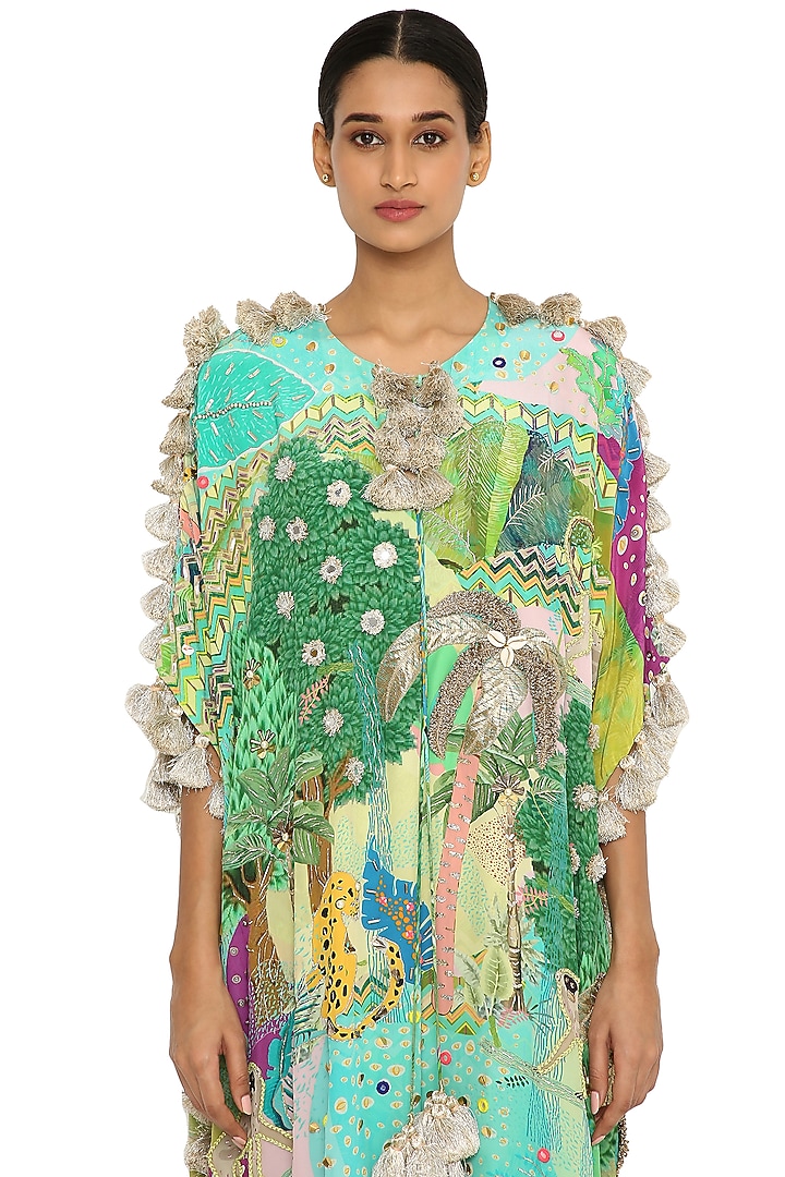 Green Printed & Embroidered Kaftan by Payal Singhal at Pernia's Pop Up Shop