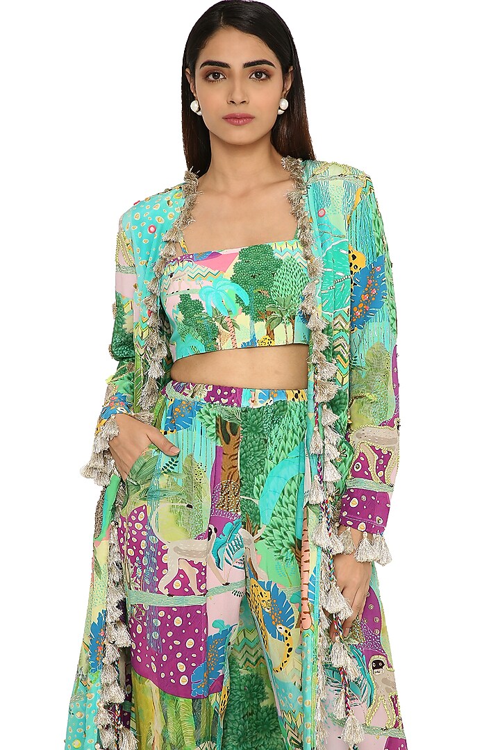Green Printed & Embroidered Jacket Set by Payal Singhal at Pernia's Pop Up Shop