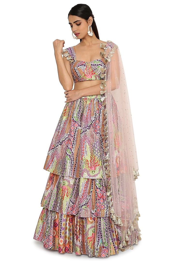 Multi-Colored Crepe Printed Lehenga Set by Payal Singhal