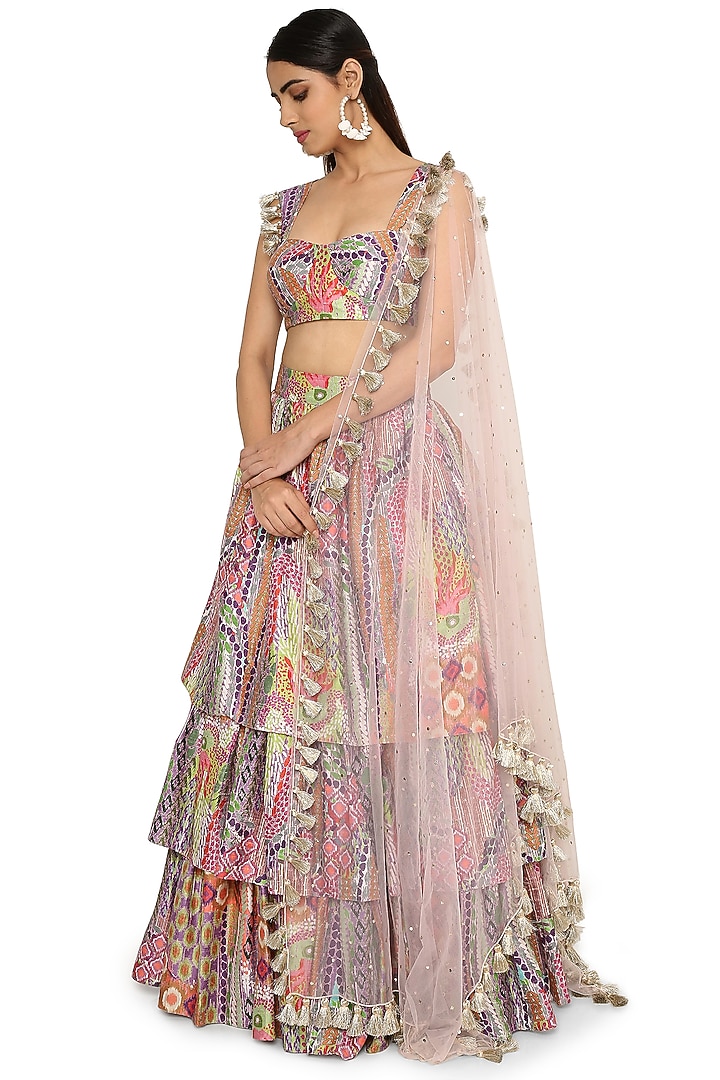 Multi-Colored Crepe Printed Wedding Lehenga Set by Payal Singhal at Pernia's Pop Up Shop