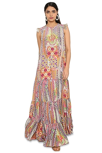 Multi-Colored Crepe Printed Maxi Cocktail Dress by Payal Singhal at Pernia's Pop Up Shop