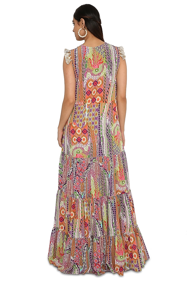 Multi-Colored Crepe Printed Maxi Cocktail Dress by Payal Singhal at Pernia's Pop Up Shop