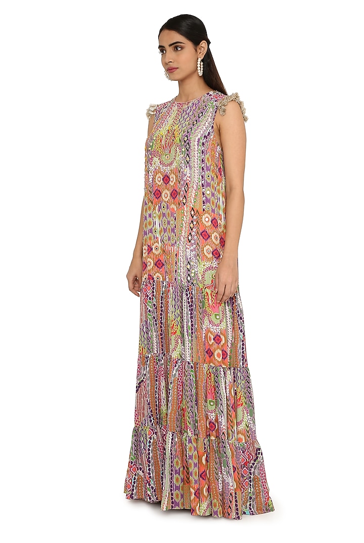 Multi-Colored Crepe Printed Maxi Cocktail Dress by Payal Singhal at Pernia's Pop Up Shop