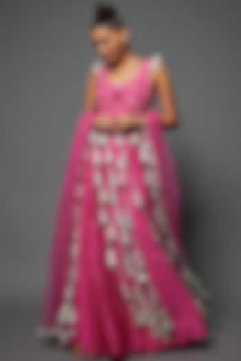 Pink Mukaish Silk Mul Lehenga Set by Payal Singhal