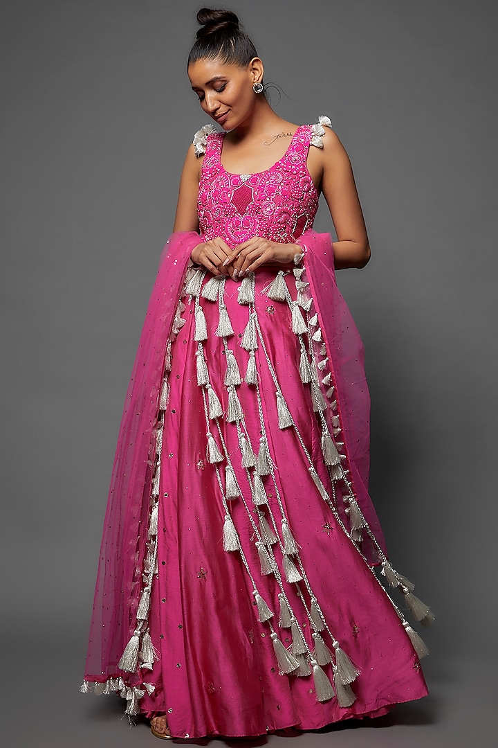 Pink Mukaish Silk Mul Lehenga Set by Payal Singhal