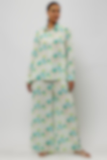 Off-White & Teal Crepe Digital Printed Pant Set by Payal Singhal at Pernia's Pop Up Shop