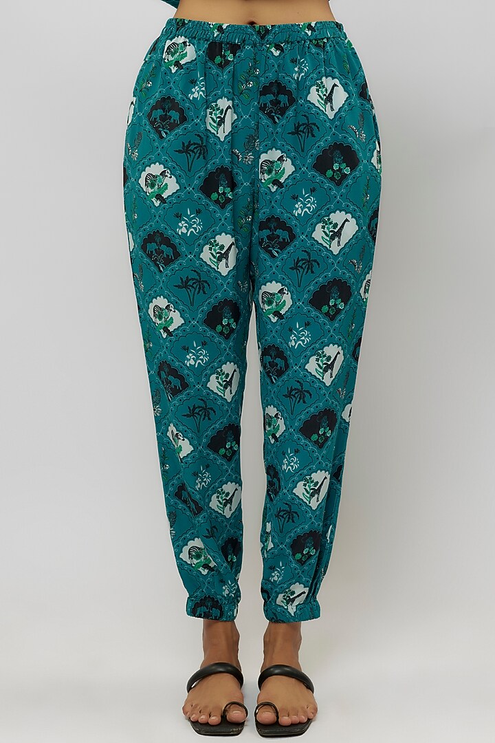 Teal Crepe Digital Printed Jogger Pant Set by Payal Singhal at Pernia's Pop Up Shop