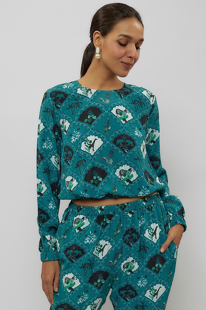 Teal Crepe Digital Printed Jogger Pant Set by Payal Singhal at Pernia's Pop Up Shop