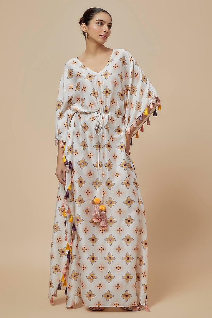 Ivory Silk Mul Printed Kaftan by Payal Singhal at Pernia's Pop Up Shop