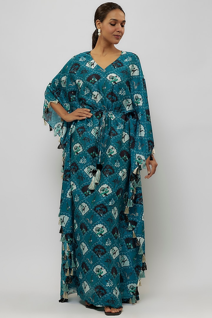 Teal Silk Mul Digital Printed Kaftan by Payal Singhal at Pernia's Pop Up Shop