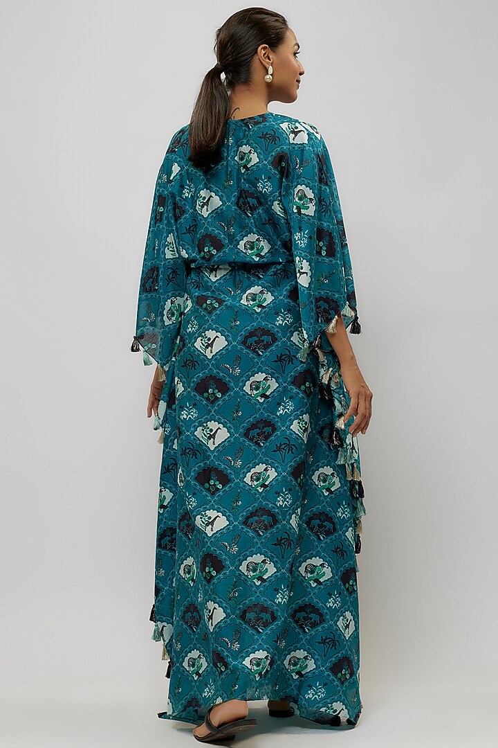 Teal Silk Mul Digital Printed Kaftan by Payal Singhal at Pernia's Pop Up Shop
