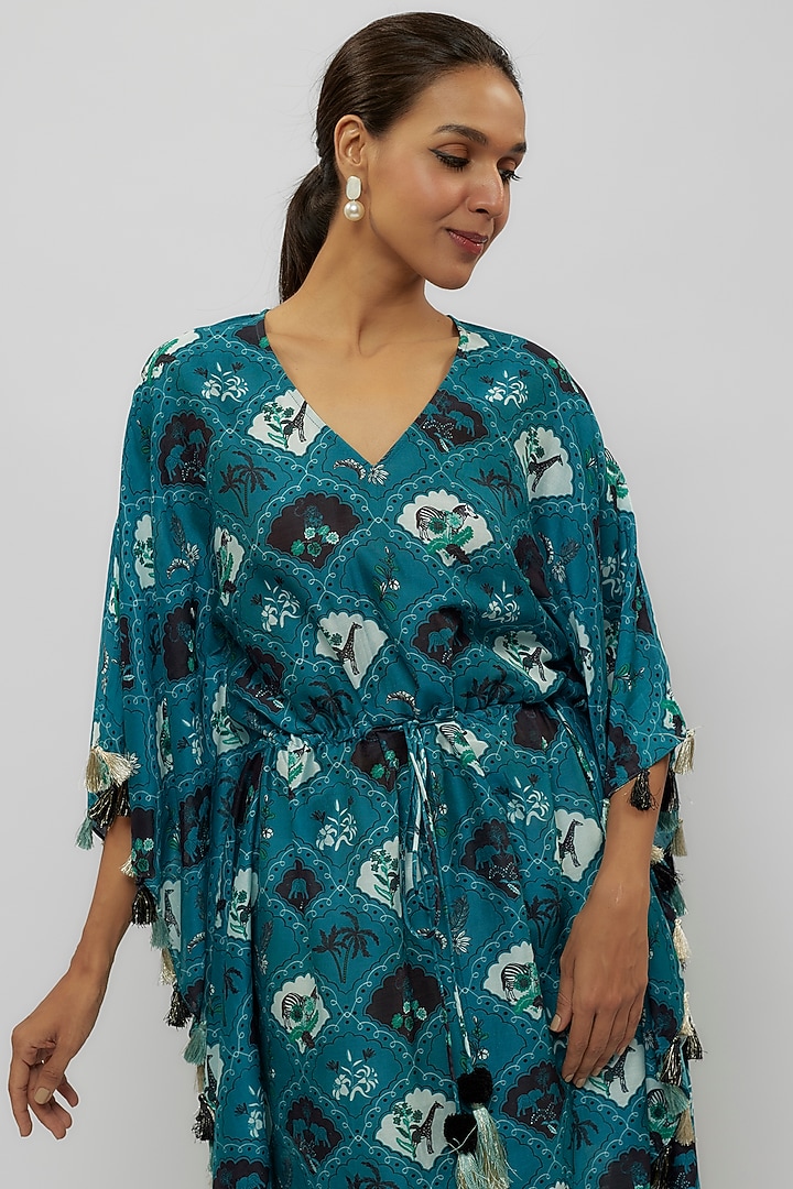 Teal Silk Mul Digital Printed Kaftan by Payal Singhal at Pernia's Pop Up Shop