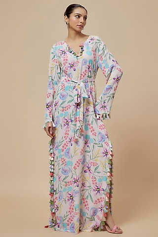 Baby Pink Lavender Crepe Printed Kaftan by Payal Singhal
