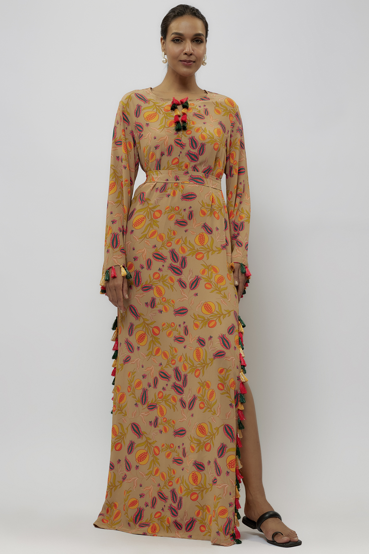 Brown Crepe Jaal Printed Long Kaftan by Payal Singhal at Pernia's Pop Up Shop
