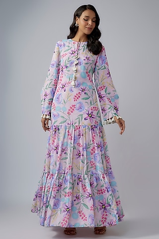 Pink-Lavender Art Georgette Printed Tiered Maxi Dress by Payal Singhal