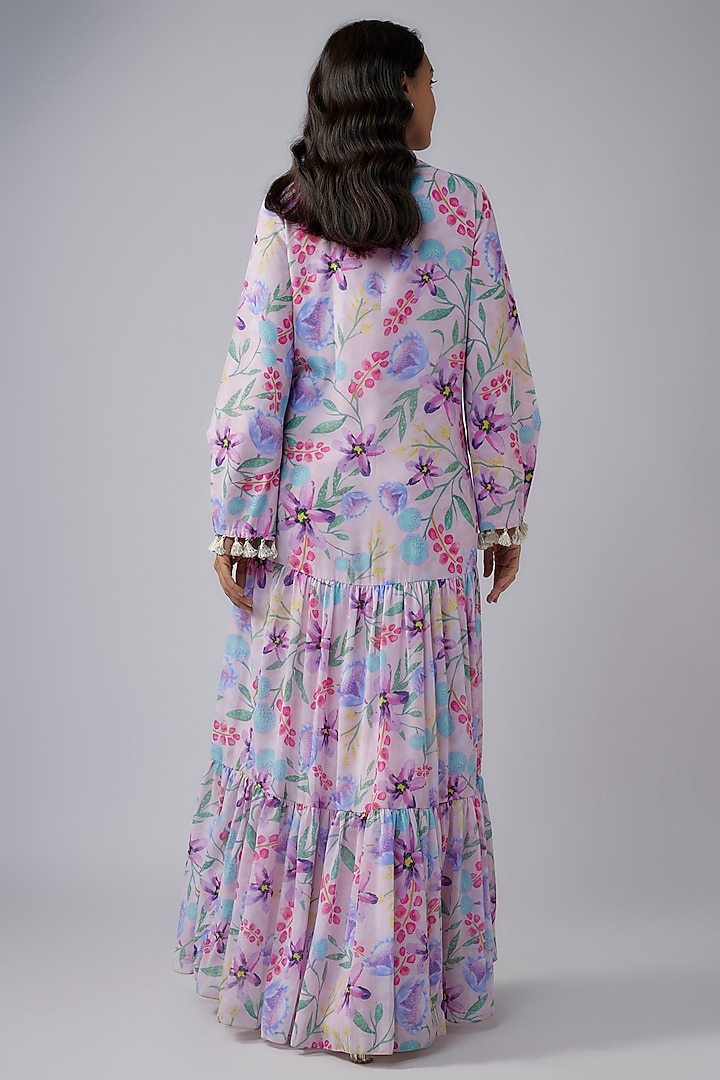 Pink-Lavender Art Georgette Printed Tiered Maxi Vacation Dress by Payal Singhal at Pernia's Pop Up Shop